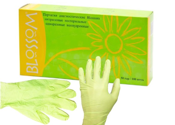 Перчатки Blossom нитриловые светло-зеленые, М текстурированные  (50пар)