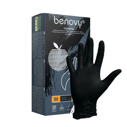 Текстурированные нитриловые перчатки BENOVY М, черный цвет, 50 пар